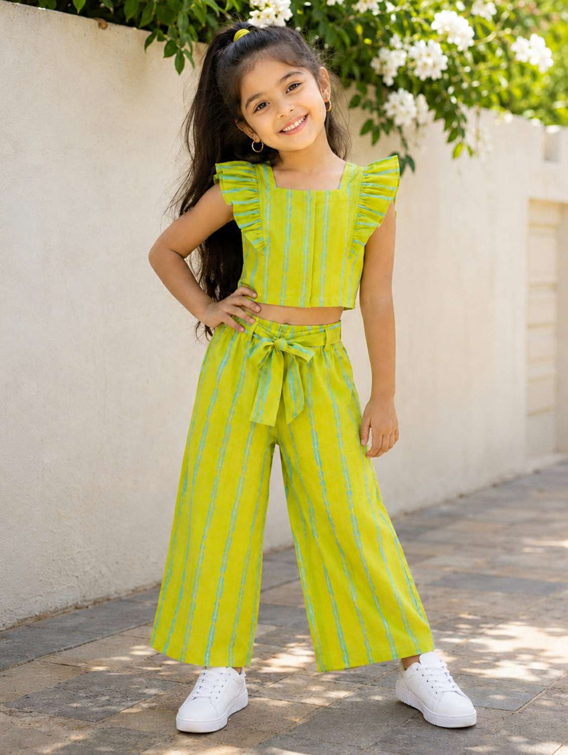 girls printed sleeveless top and trouser co-ord set