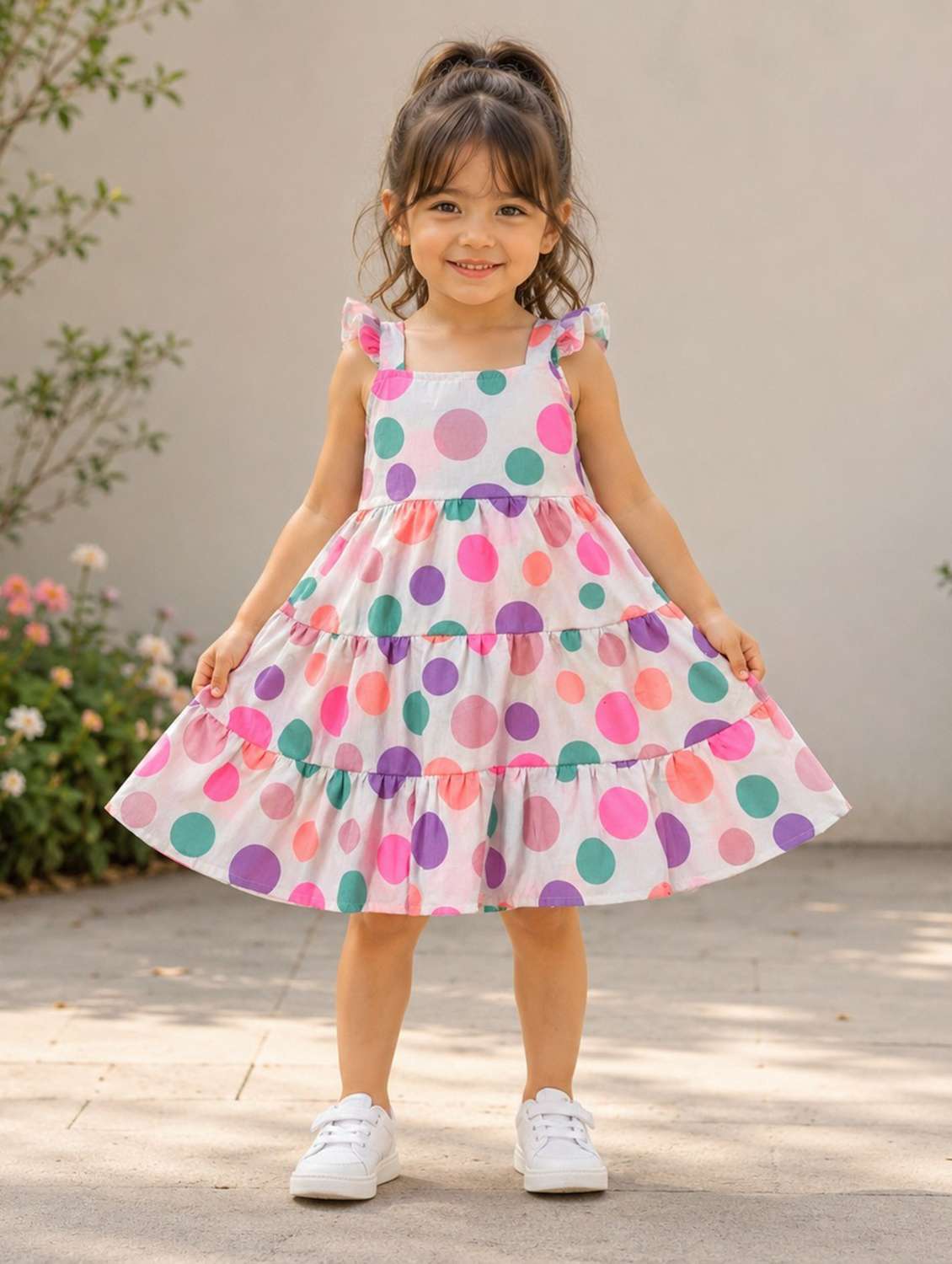girls printed sleeveless tiered frock