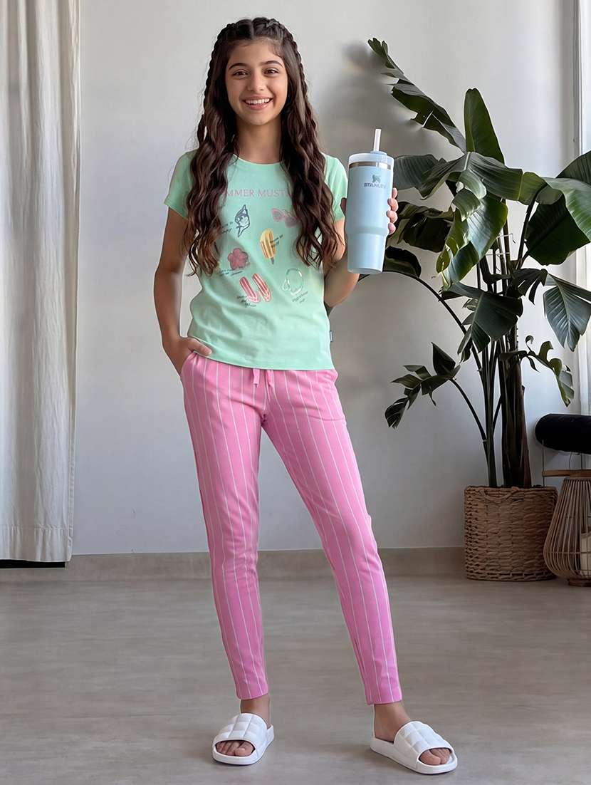 girls mint green graphic pyjama set with pink stripes