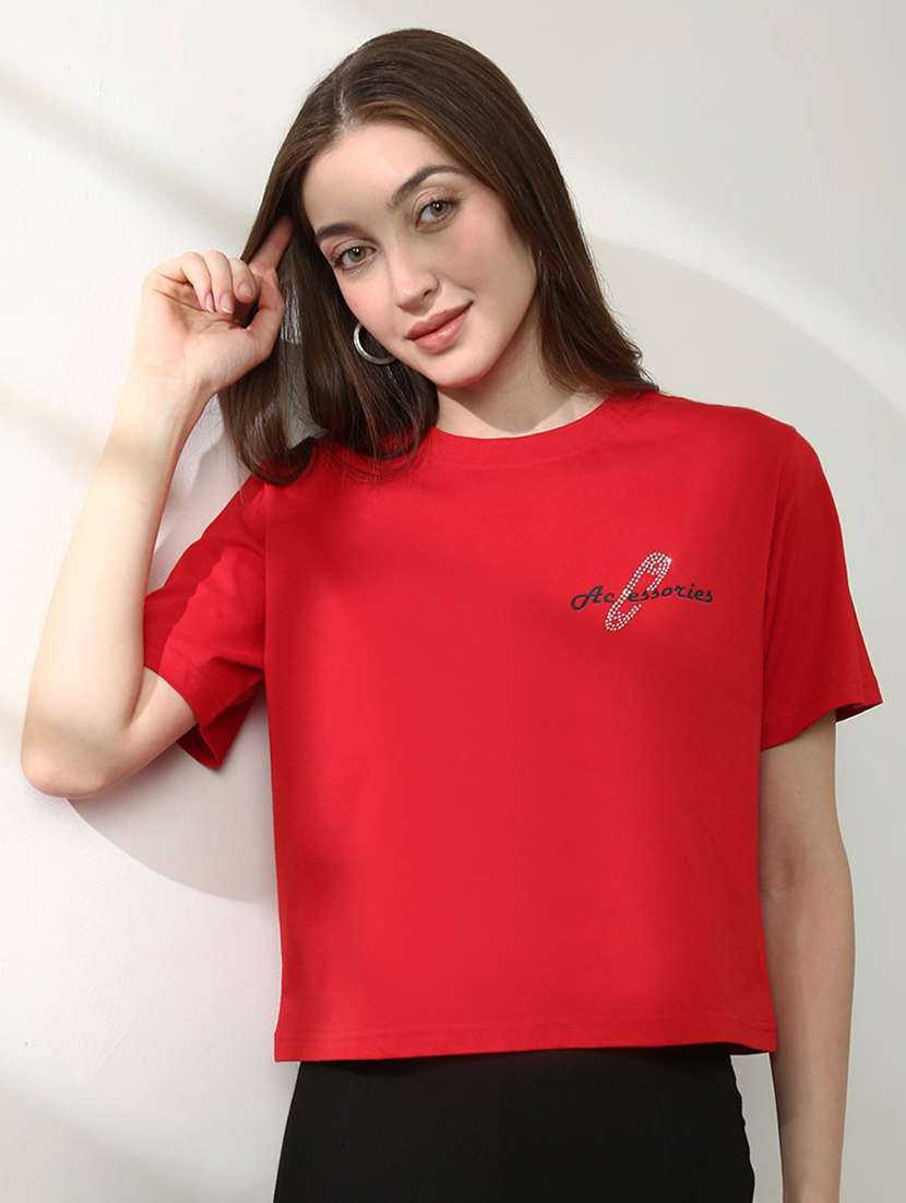 women placement printed short sleeves crop t-shirt