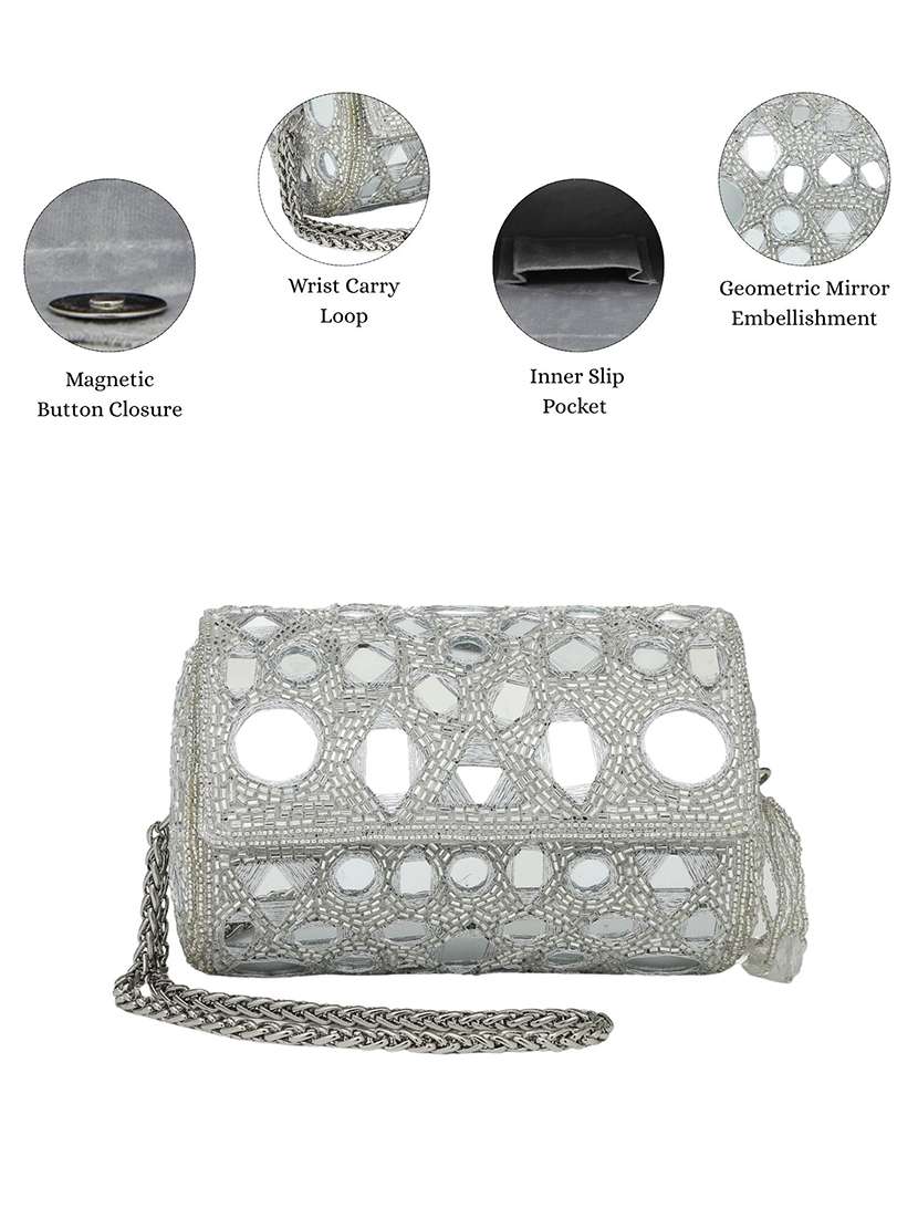 Fold Over Silver Embellished Faux Silk Clutch - 22528942 -  Standard Image - 3