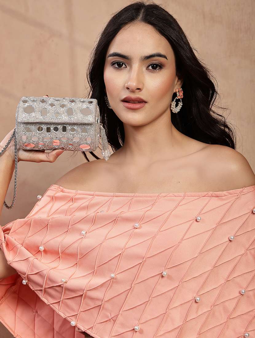 Fold Over Silver Embellished Faux Silk Clutch - 22528942 -  Standard Image - 5