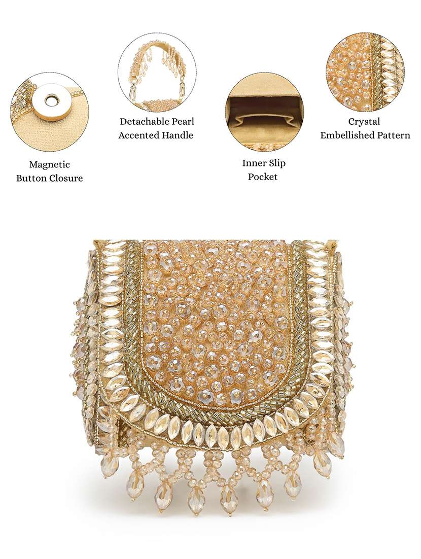 gold suede fold over embellished clutch with magnetic button closure - 22528945 -  Standard Image - 3