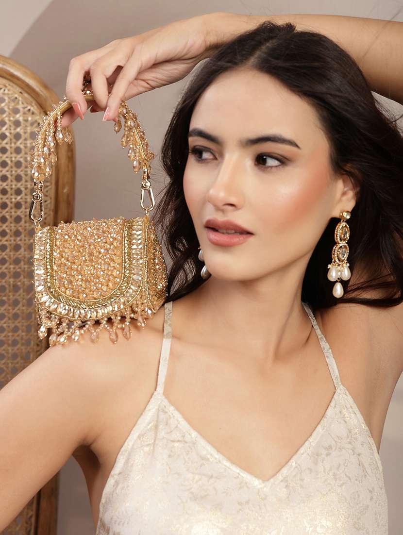 gold suede fold over embellished clutch with magnetic button closure - 22528945 -  Standard Image - 5