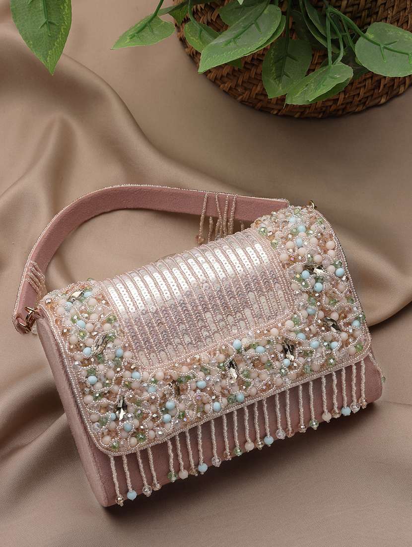 anekaant pink suede fold over clutch with sequins and beads