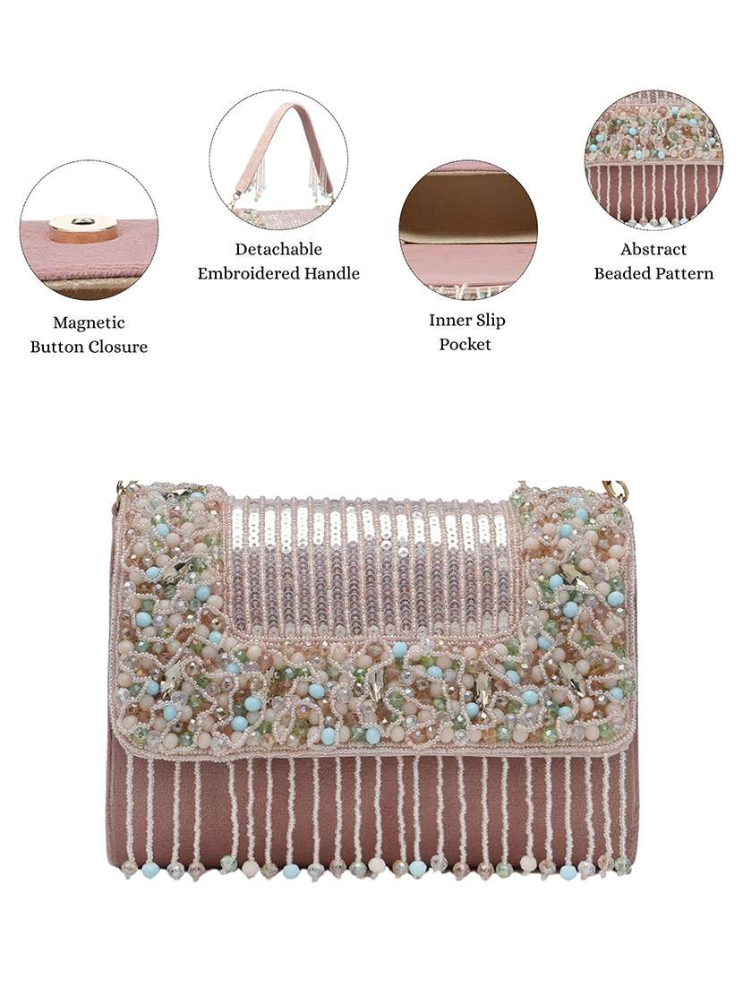 anekaant pink suede fold over clutch with sequins and beads - 22528947 -  Standard Image - 3