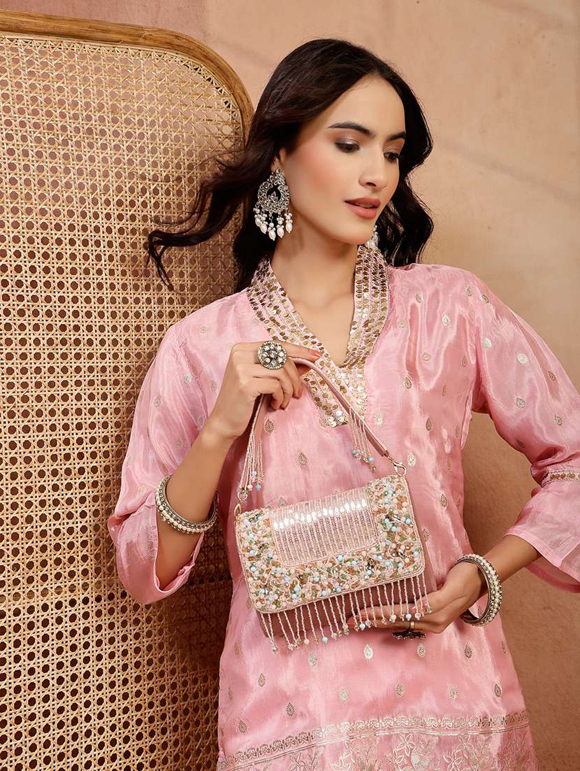 anekaant pink suede fold over clutch with sequins and beads - 22528947 -  Standard Image - 5