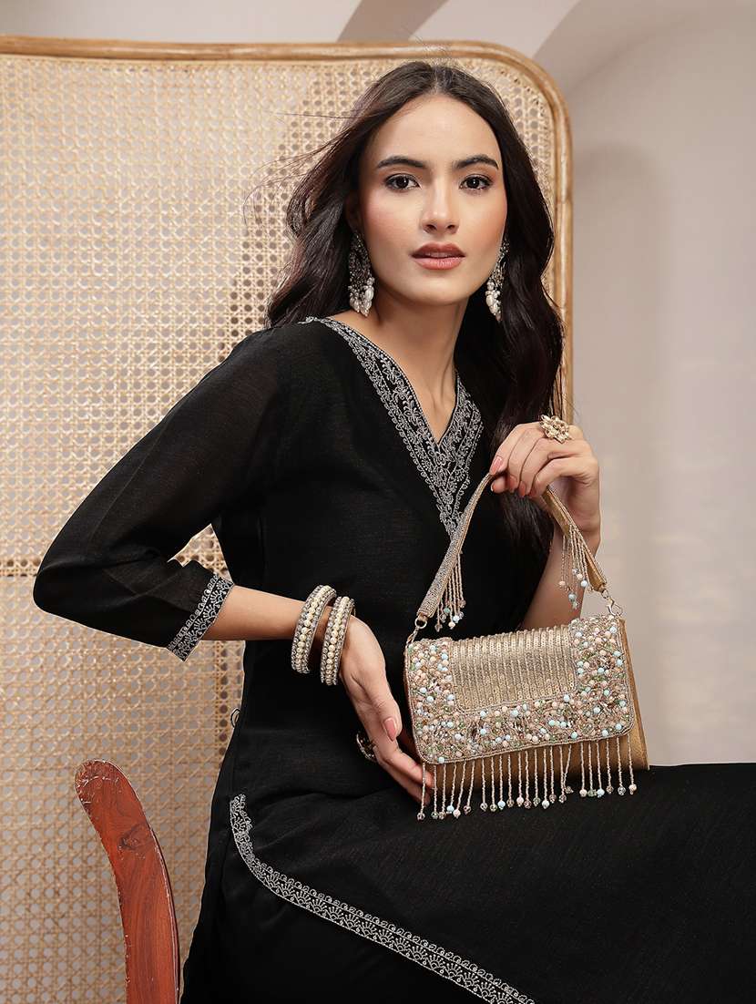 anekaant gold suede embellished fold over clutch - 22528948 -  Standard Image - 5