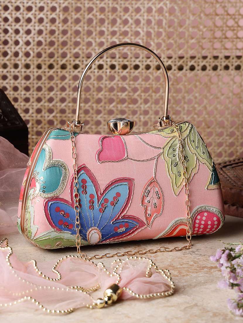 anekaant floral print embellished clutch with chain strap