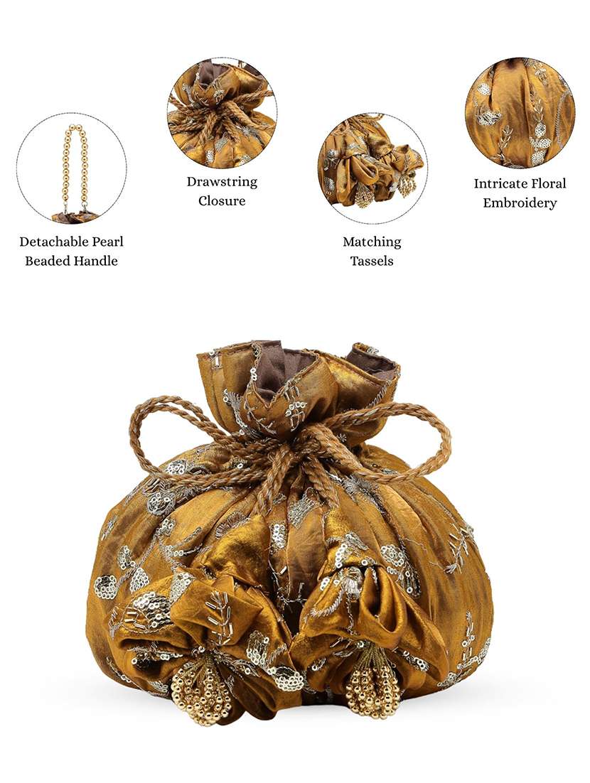 embellished floral faux silk ethnic potli bag with drawstring closure - 22528955 -  Standard Image - 3