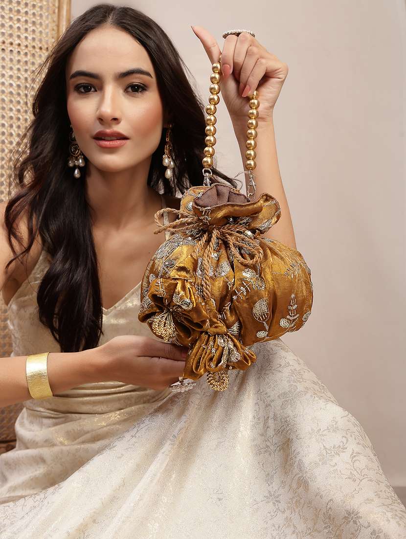 embellished floral faux silk ethnic potli bag with drawstring closure - 22528955 -  Standard Image - 5