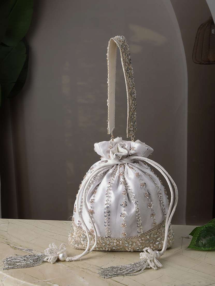 white floral embellished satin potli bag with drawstring closure