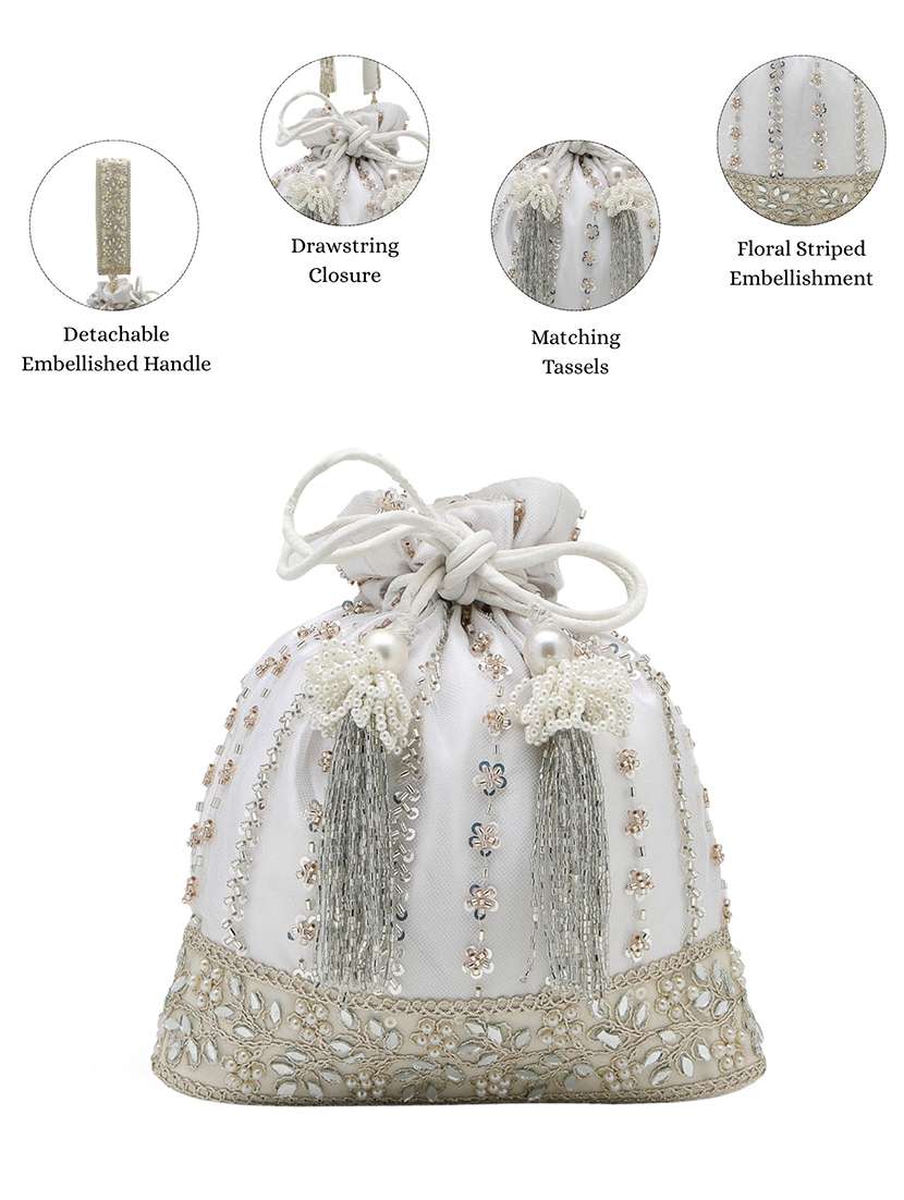 white floral embellished satin potli bag with drawstring closure - 22528957 -  Standard Image - 3