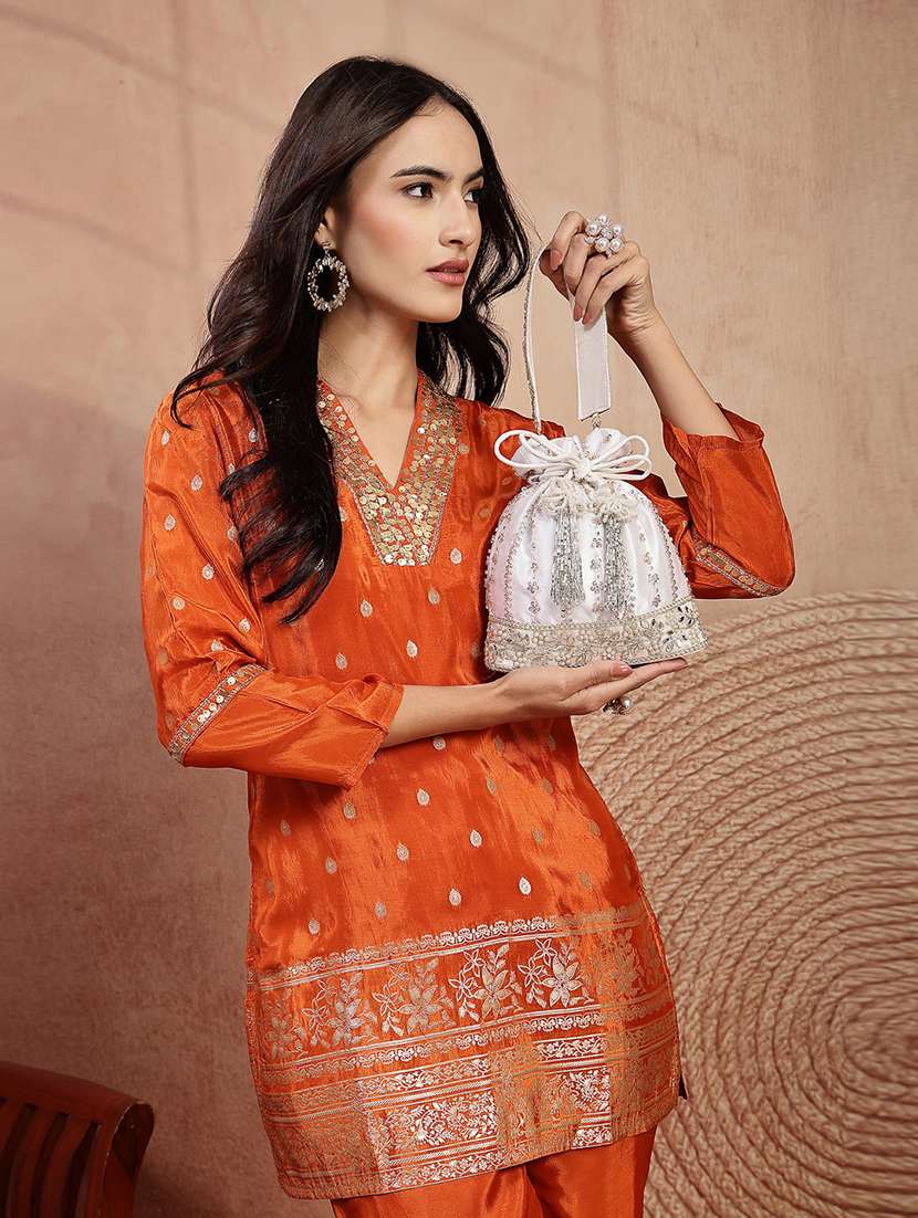 white floral embellished satin potli bag with drawstring closure - 22528957 -  Standard Image - 5