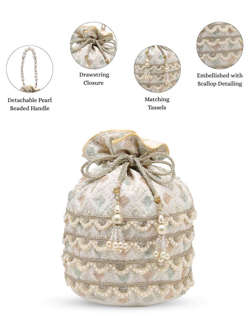 off white faux silk ethnic potli bag with drawstring closure - 22528959 -  Standard Image - 3