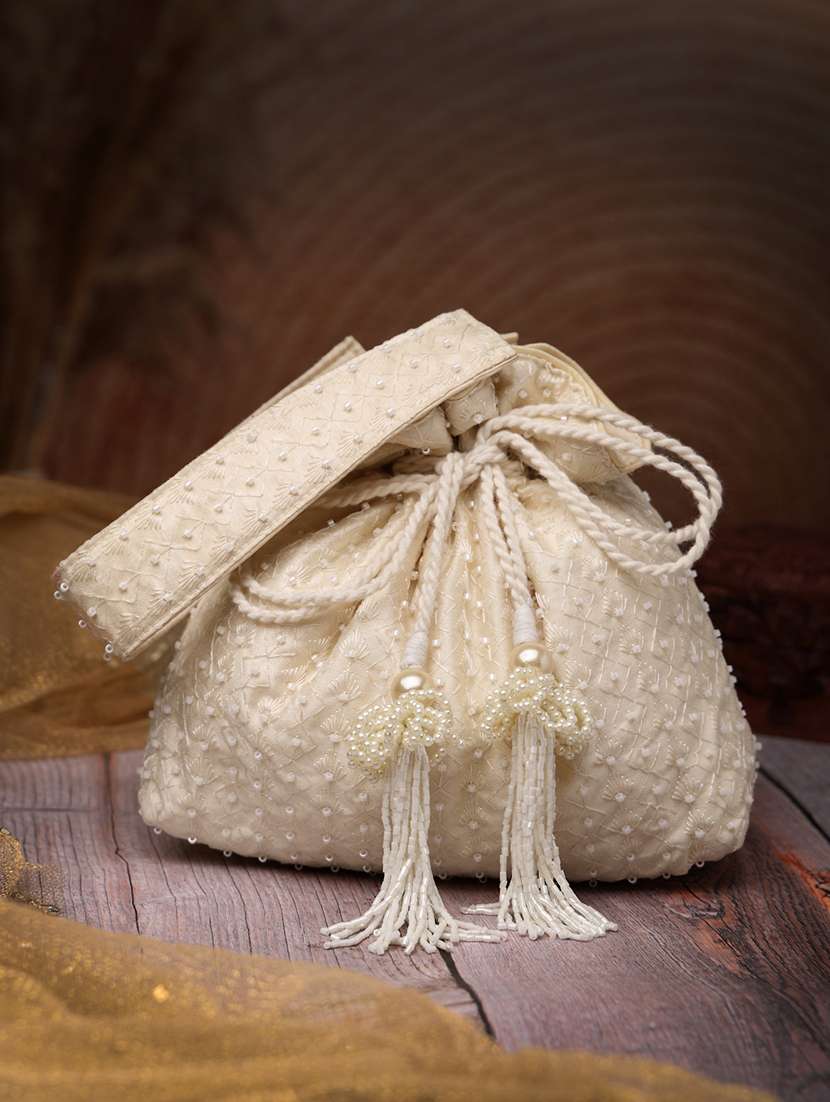 cream faux silk potli bag with embroidery and drawstring closure