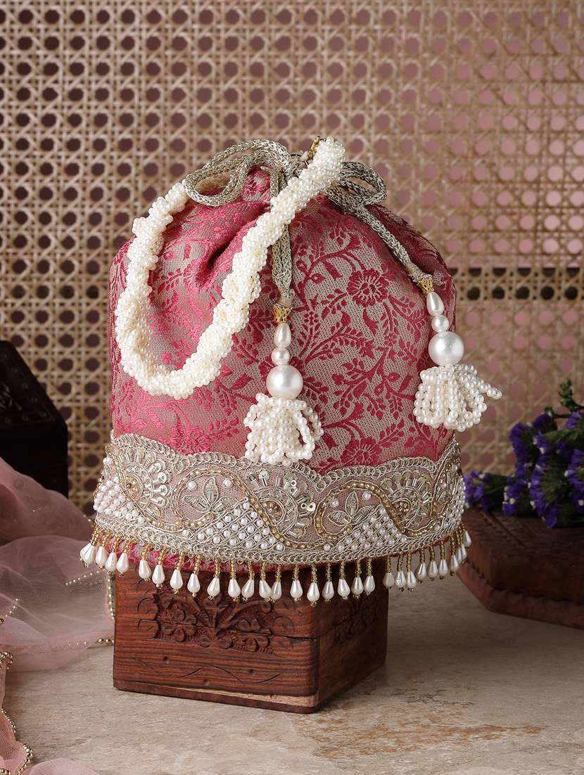 ethnic pink floral faux silk potli bag with drawstring closure