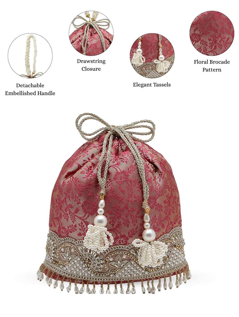 ethnic pink floral faux silk potli bag with drawstring closure - 22528962 -  Standard Image - 3