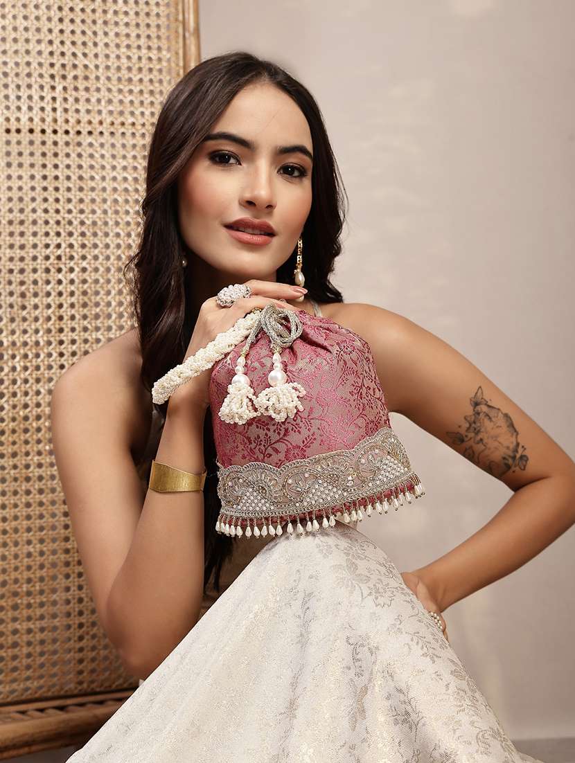 ethnic pink floral faux silk potli bag with drawstring closure - 22528962 -  Standard Image - 5