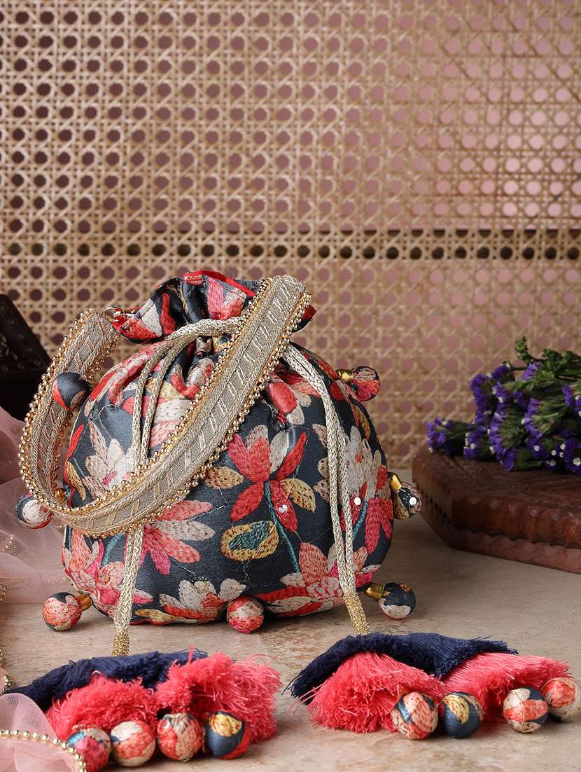 navy blue floral printed potli bag with drawstring closure