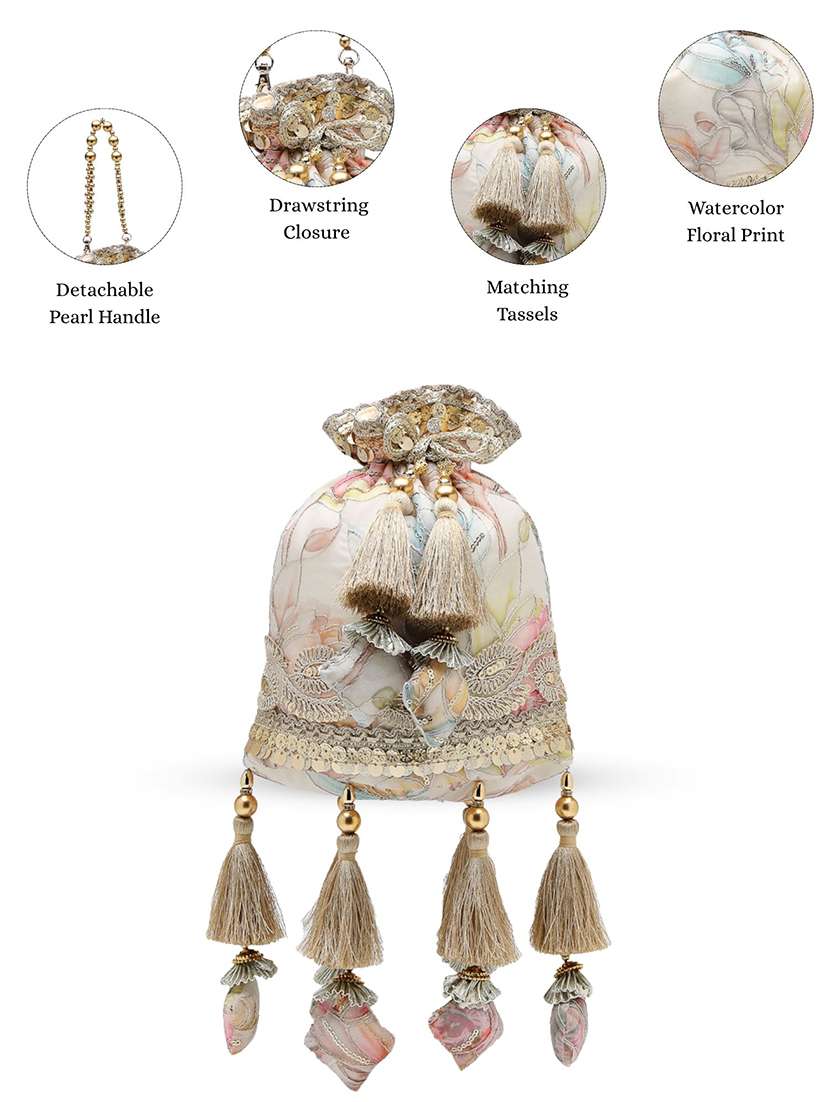 Anekaant Off White Floral Potli Bag With Drawstring Closure - 22528967 -  Standard Image - 3