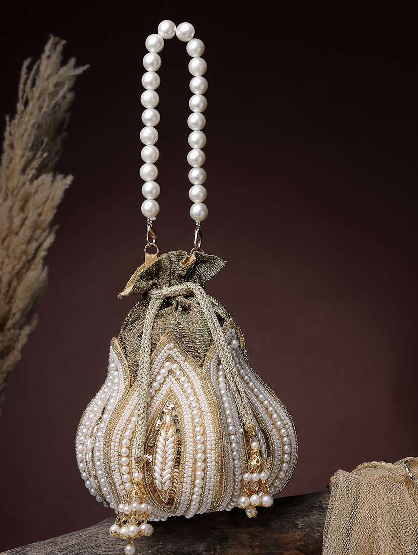 gold faux silk embellished drawstring potli bag