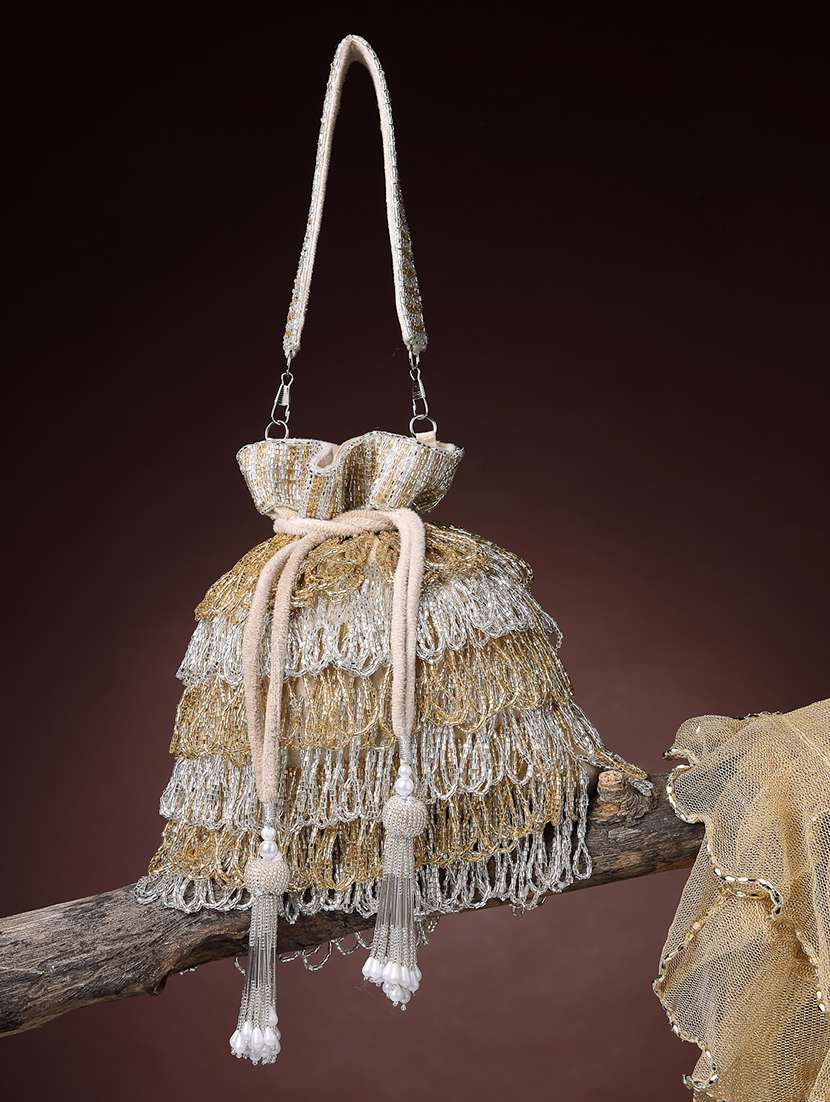 gold color block fringe embellished potli bag