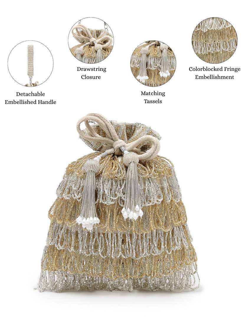 Gold Color Block Fringe Embellished Potli Bag - 22528970 -  Standard Image - 3