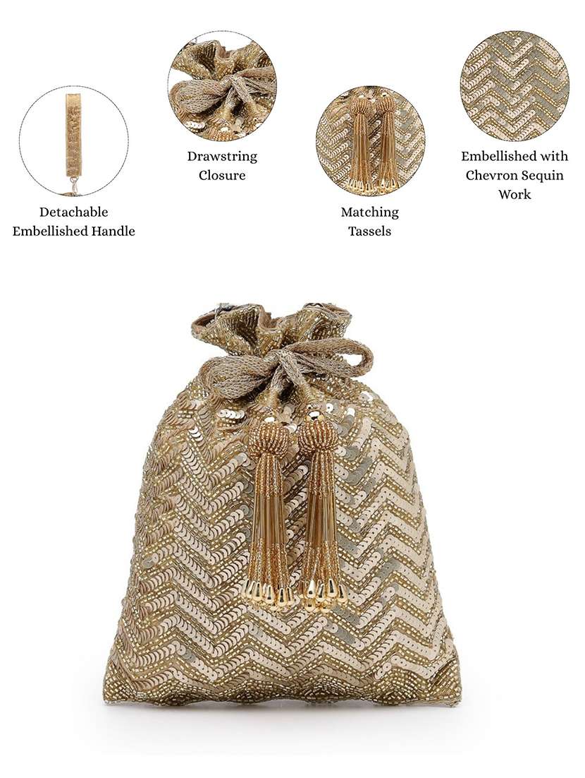 gold suede embellished chevron sequin potli bag - 22528971 -  Standard Image - 3