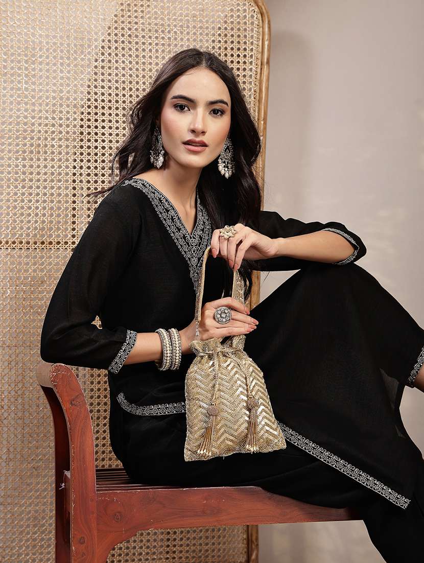 gold suede embellished chevron sequin potli bag - 22528971 -  Standard Image - 5