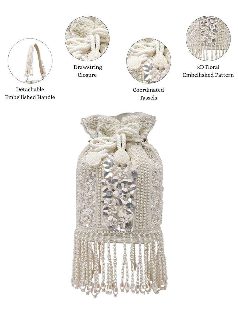 off white faux silk embellished floral potli bag for party - 22528972 -  Standard Image - 3