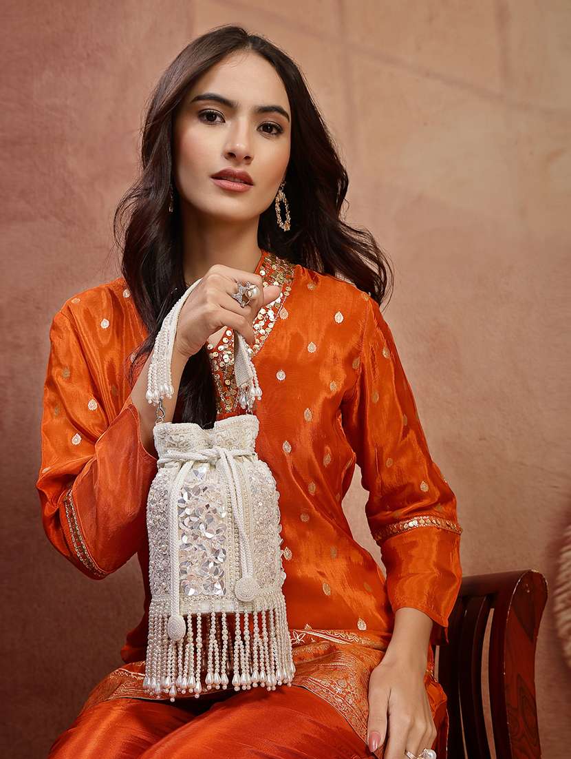 off white faux silk embellished floral potli bag for party - 22528972 -  Standard Image - 5