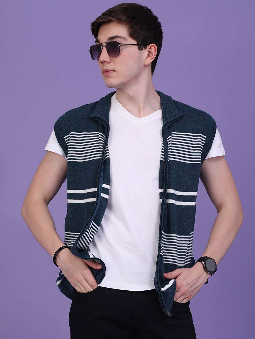 men striped sleeveless zipper cardigan