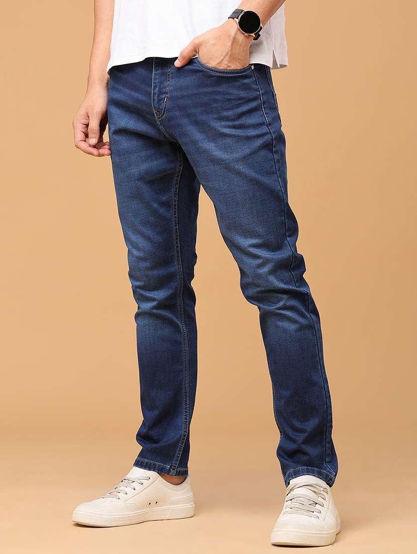 men washed mid rise full length tapered jeans