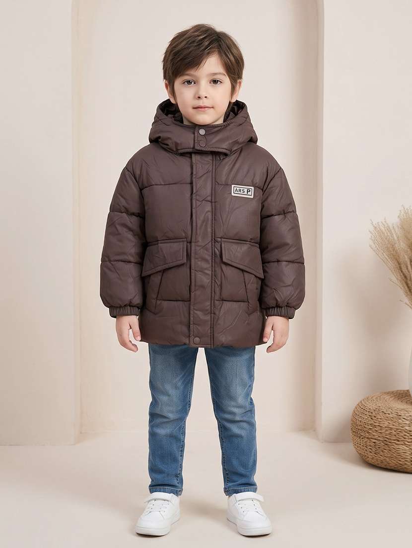 boys solid long sleeves hooded quilted jacket
