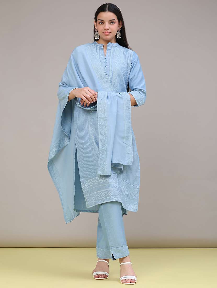 women embroidered three quarter sleeves kurta pant with dupatta set