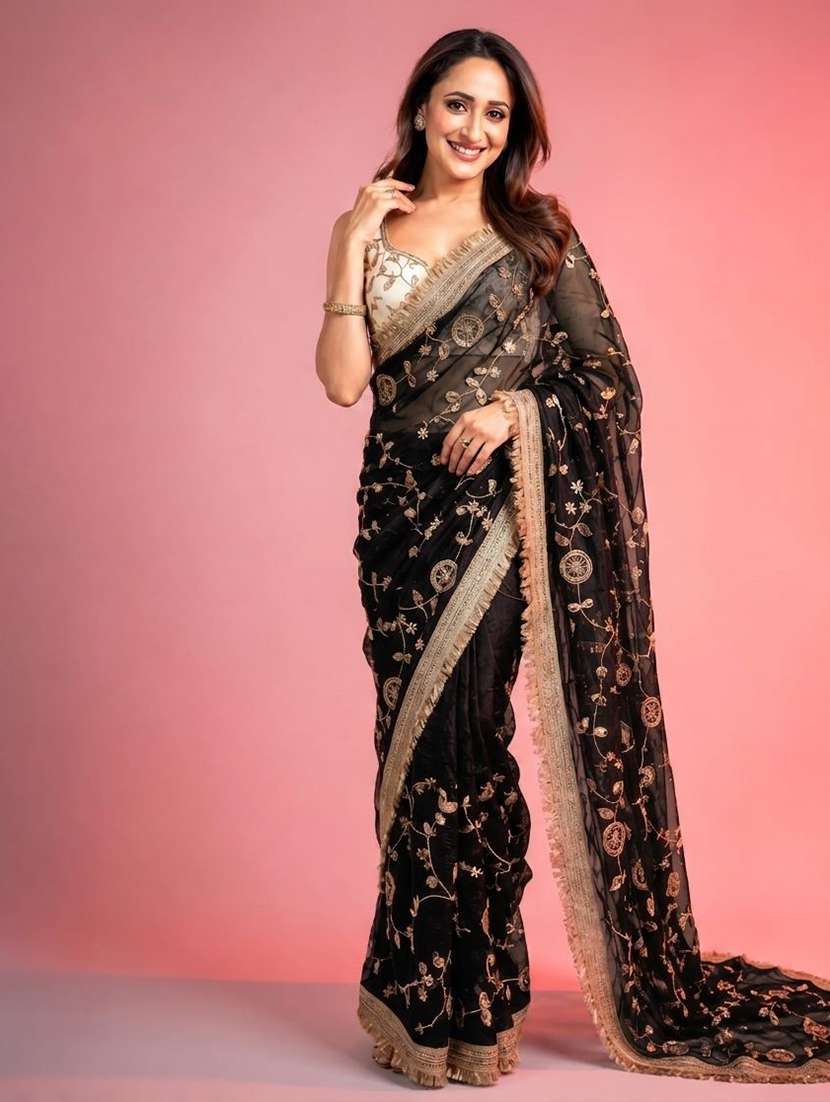 black silk embroidered saree with blouse