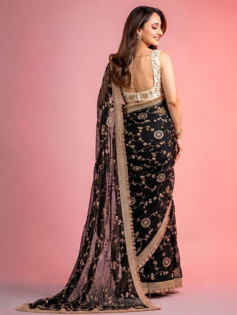 black silk embroidered saree with blouse - 22539890 -  Standard Image - 3