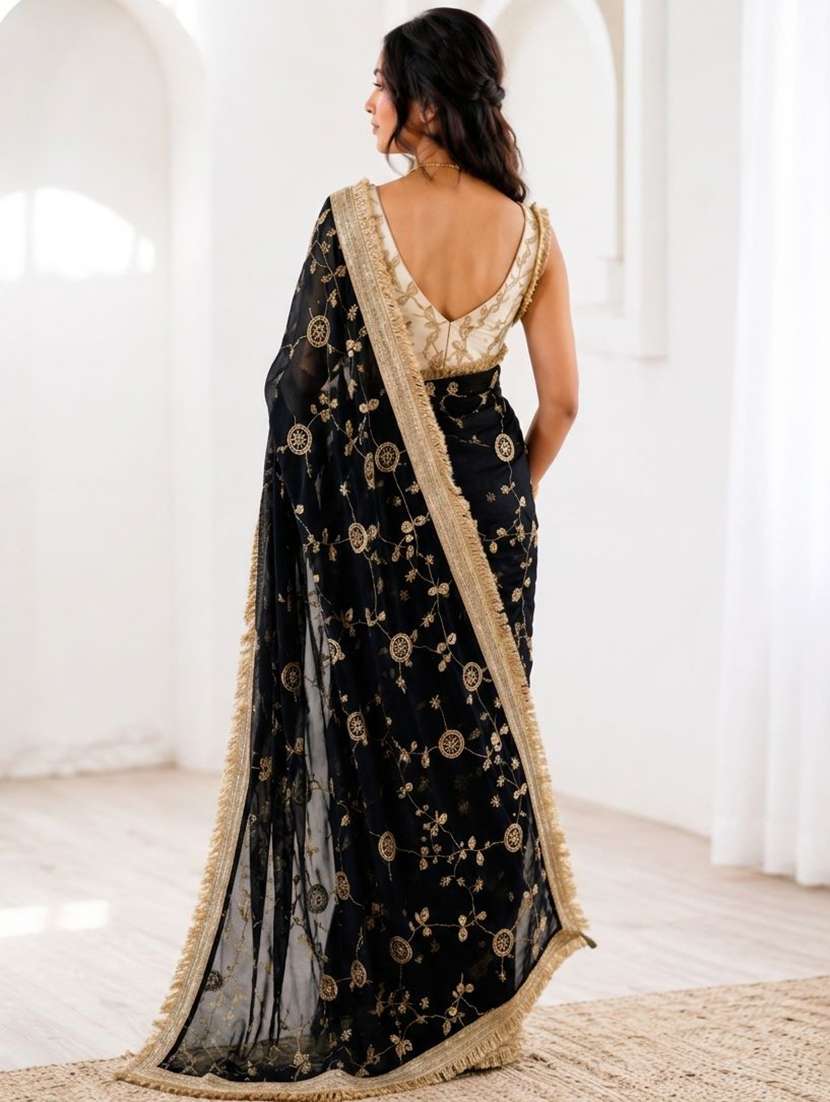 black silk embroidered saree with blouse - 22539891 -  Standard Image - 3