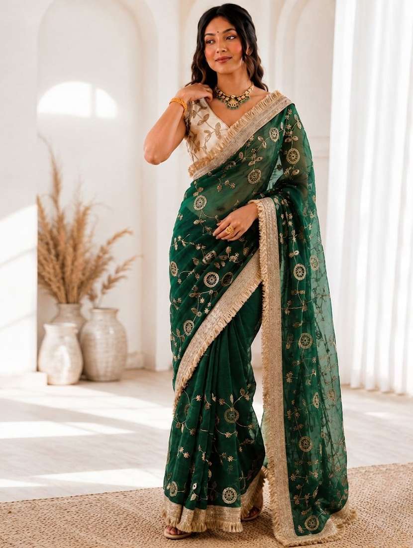 women solid with work embroidered saree with blouse
