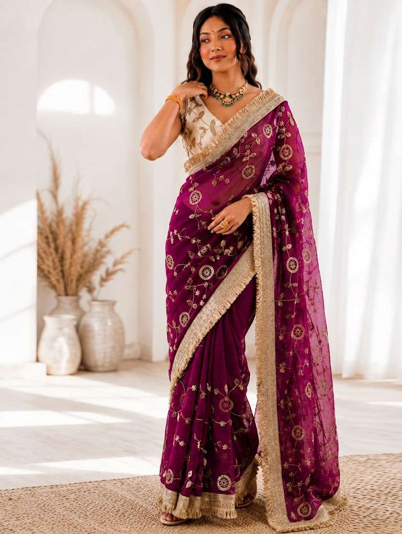 women solid with work embroidered saree with blouse