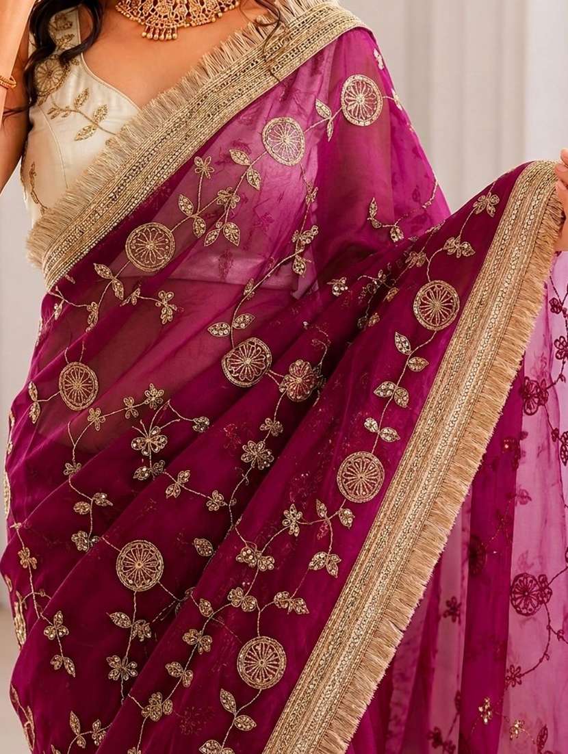 women solid with work embroidered saree with blouse - 22539900 -  Standard Image - 3