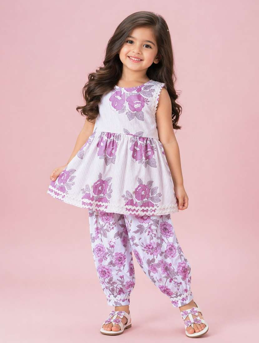 girls printed sleeveless kurta salwar set