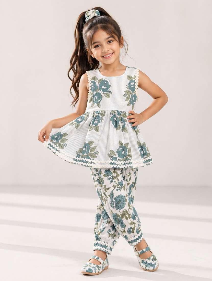girls printed sleeveless kurta salwar set