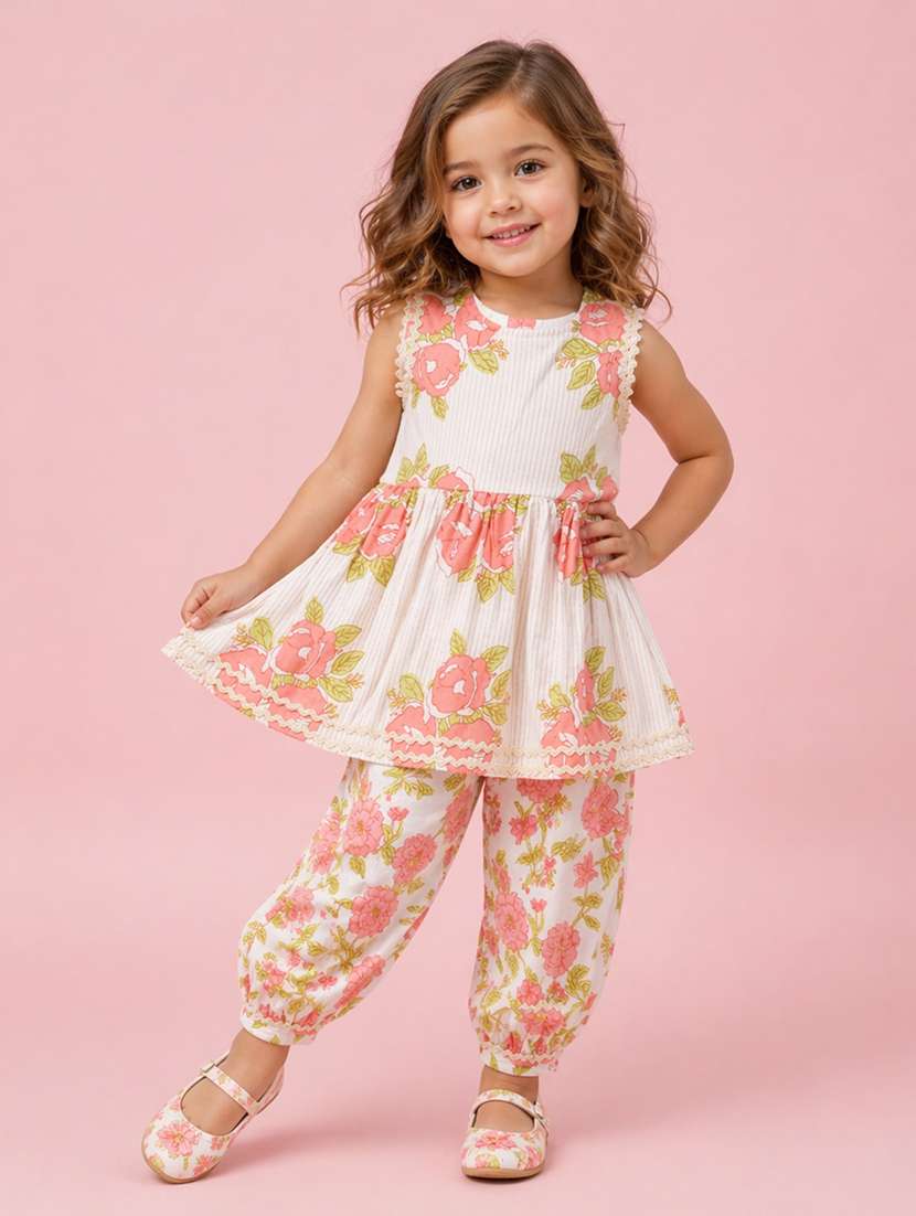 girls printed sleeveless kurta salwar set