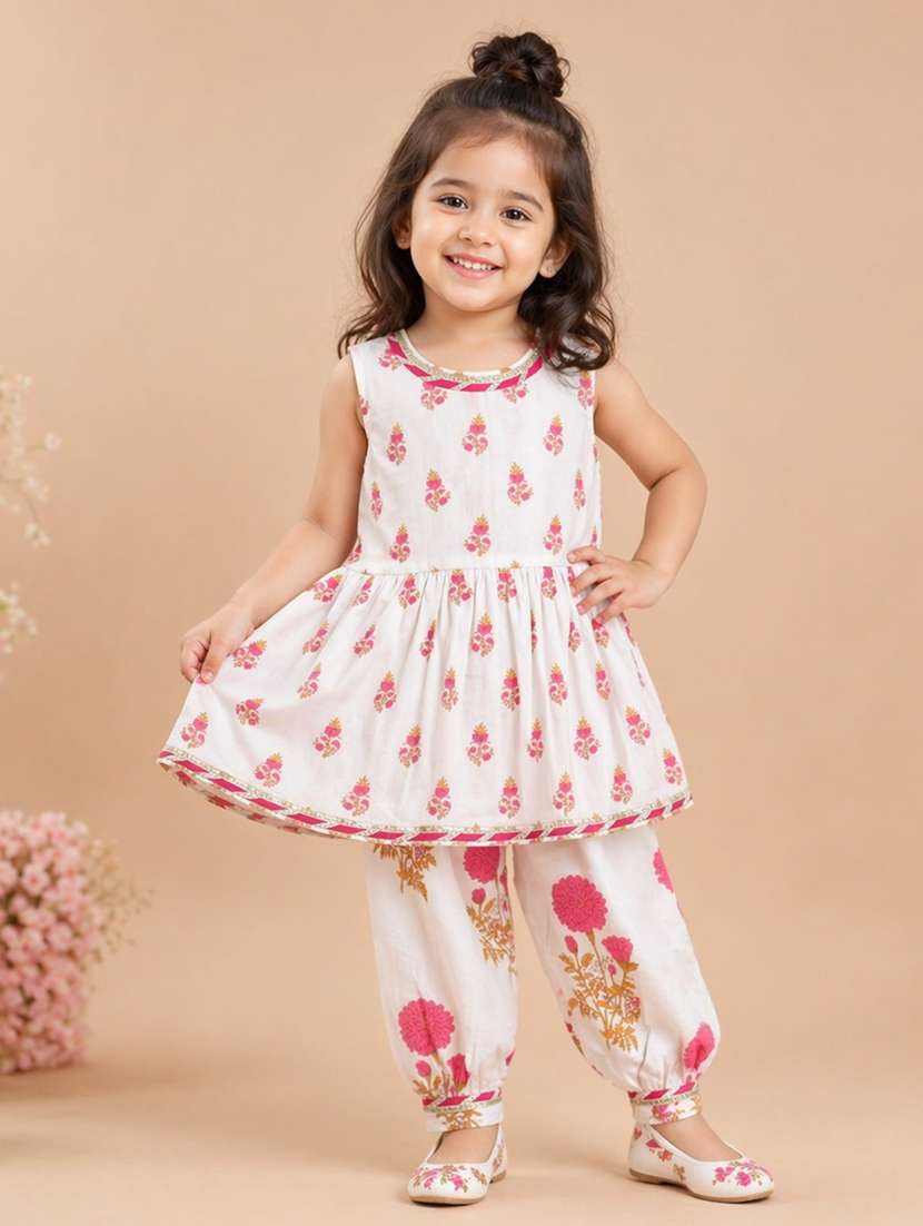 girls printed sleeveless kurta salwar set