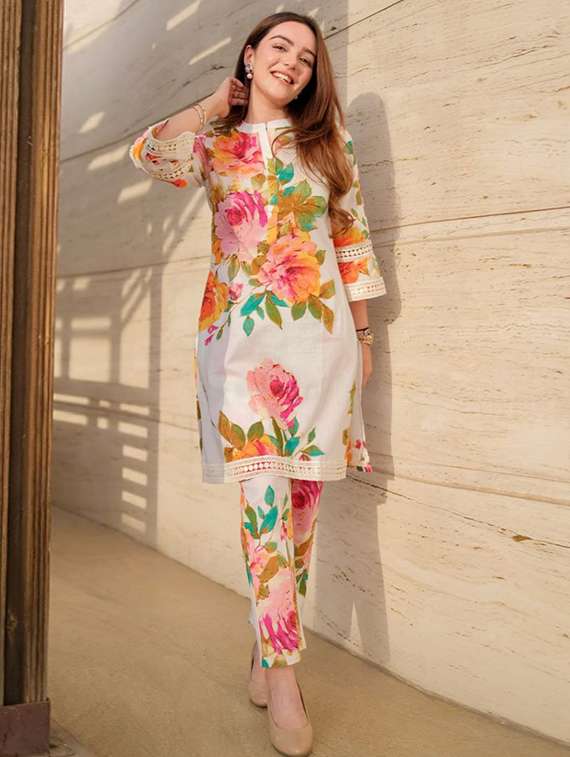 women floral three quarter sleeve ethnic co-ord set