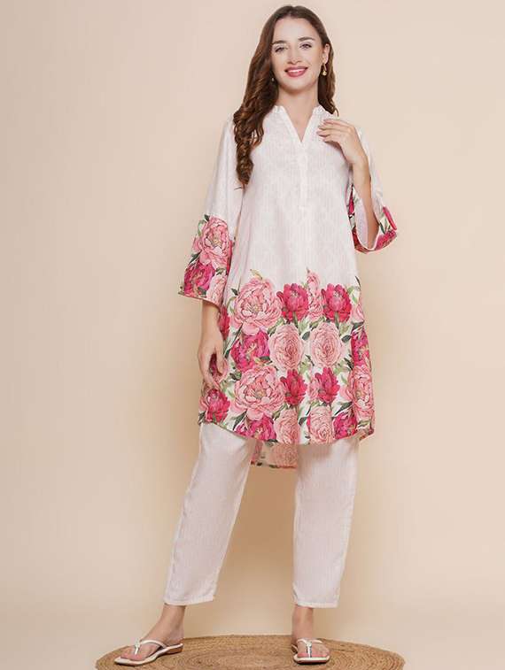 women floral three quarter sleeve ethnic co-ord set