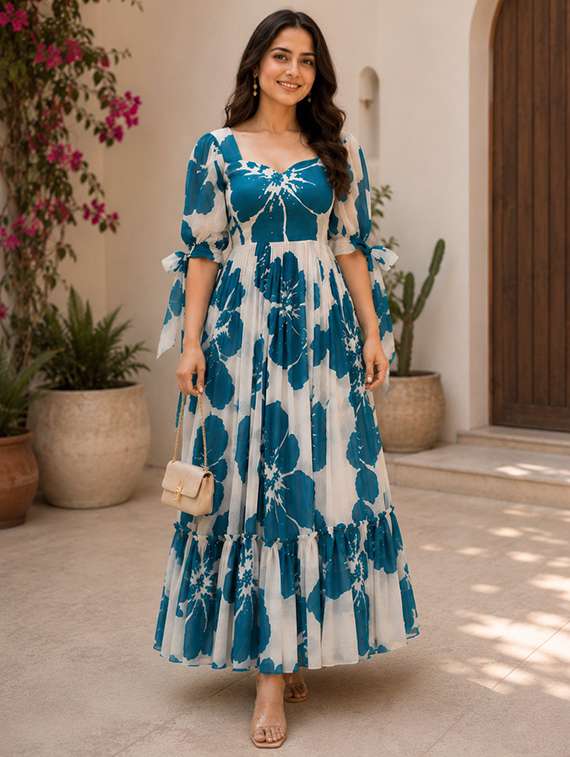 women printed sweetheart neck tiered dress