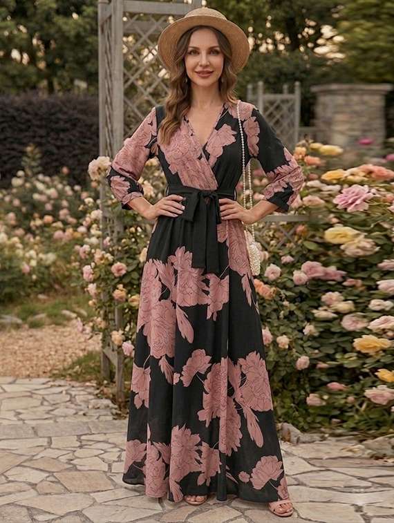 women printed puff sleeve maxi dress